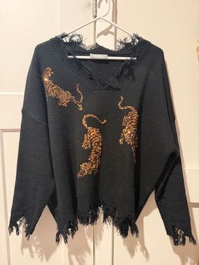Black Sequin Tiger Crewneck Sweater by Bluebell Collection